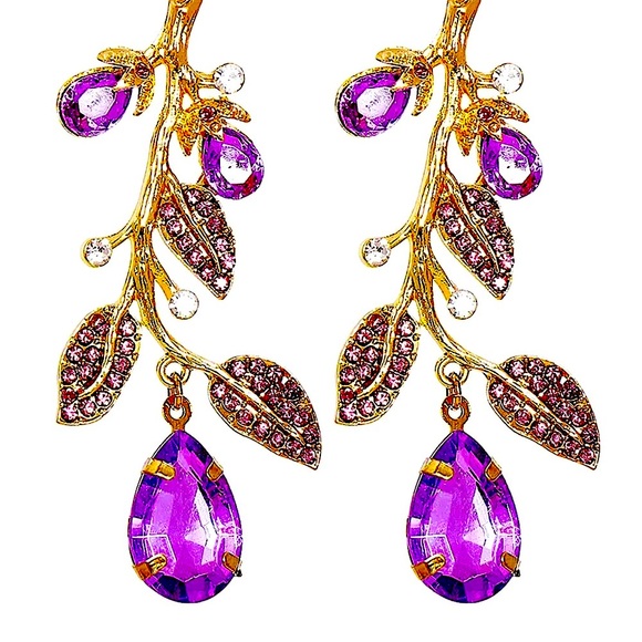 Eggplant Purple Crystal Coconut Stud Dangle Drop Earrings - Picture 2 of 3